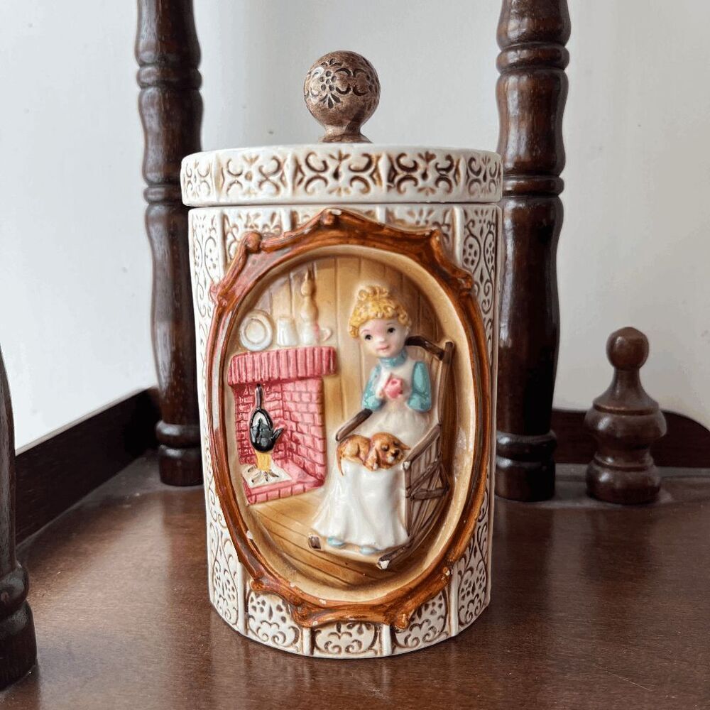 VTG 1978 Sears Japan Ceramic Canister Jar MR Girl by Fireplace Dog Lid 3D Relief